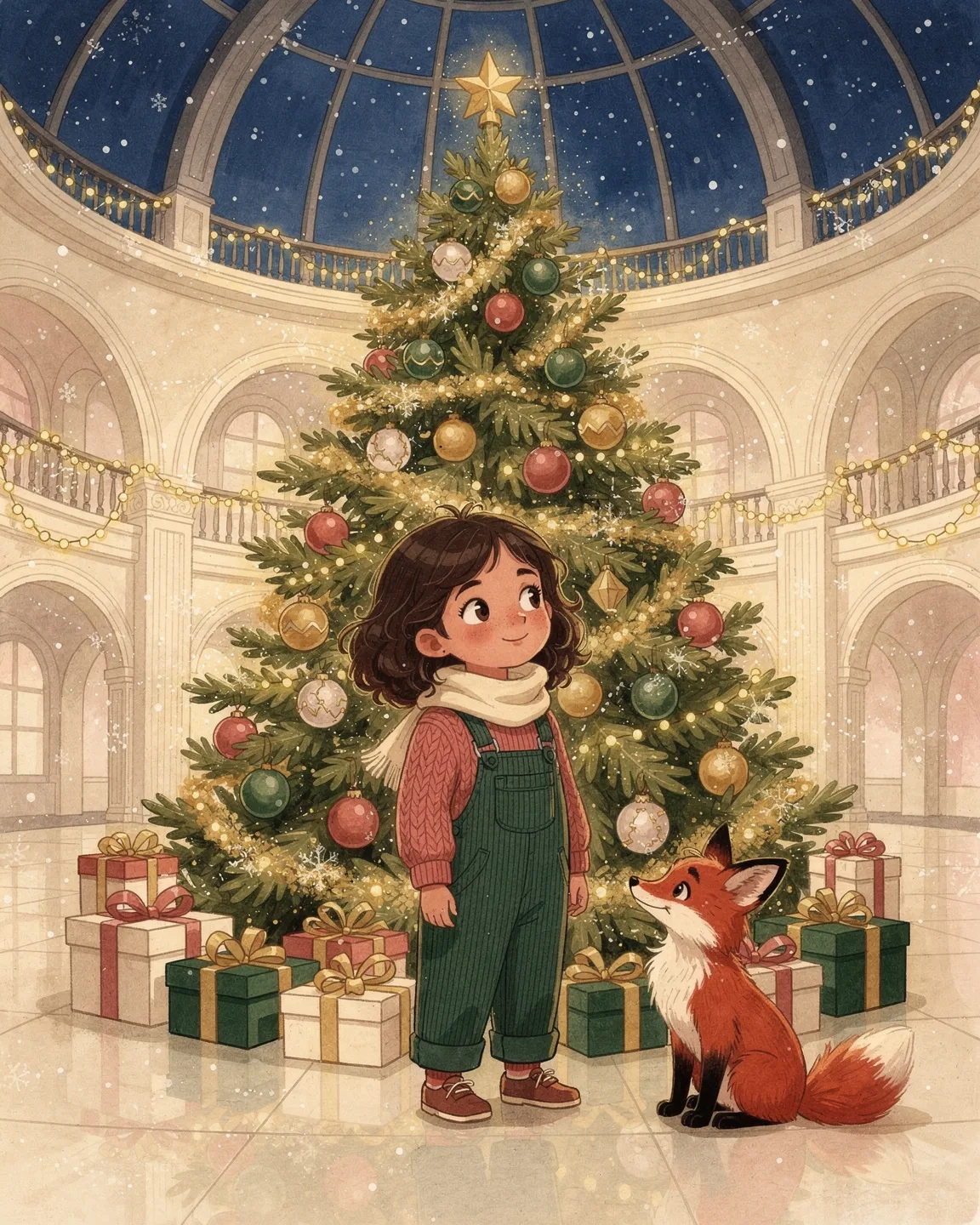 Capa ilustrativa de um livro de Natal: uma menina diante de uma grande árvore decorada num átrio
