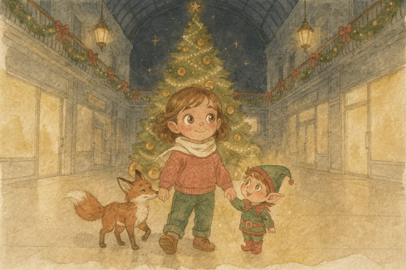 A mesma cena ilustrada em aquarela
