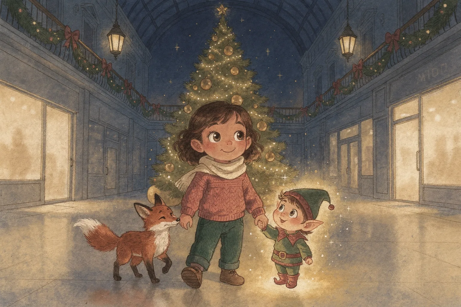 Página ilustrativa: a criança caminha com um duende por uma galeria decorada de Natal