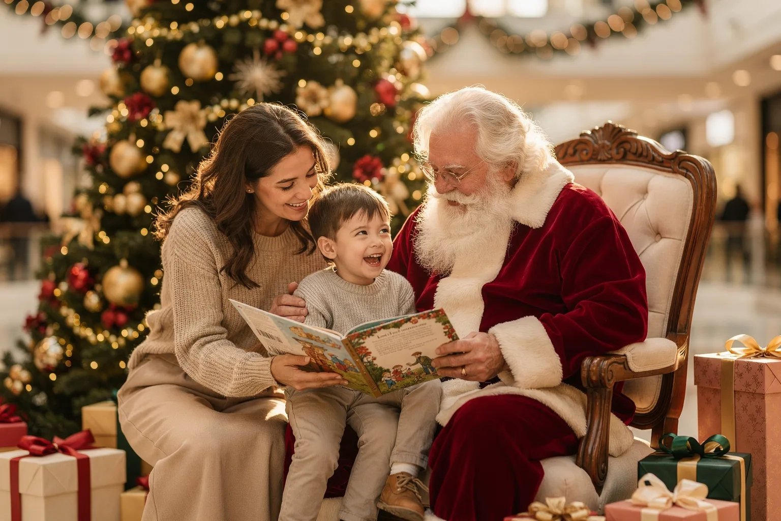 Família ao lado do Papai Noel folheando um livro infantil num shopping decorado