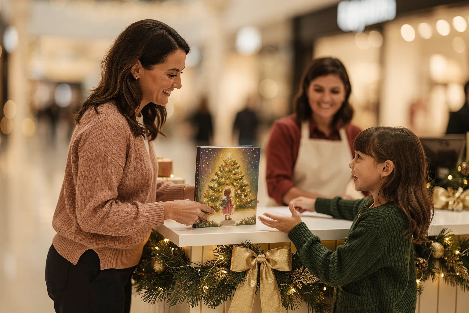 Mãe e filha recebendo um livro infantil impresso num balcão decorado de Natal