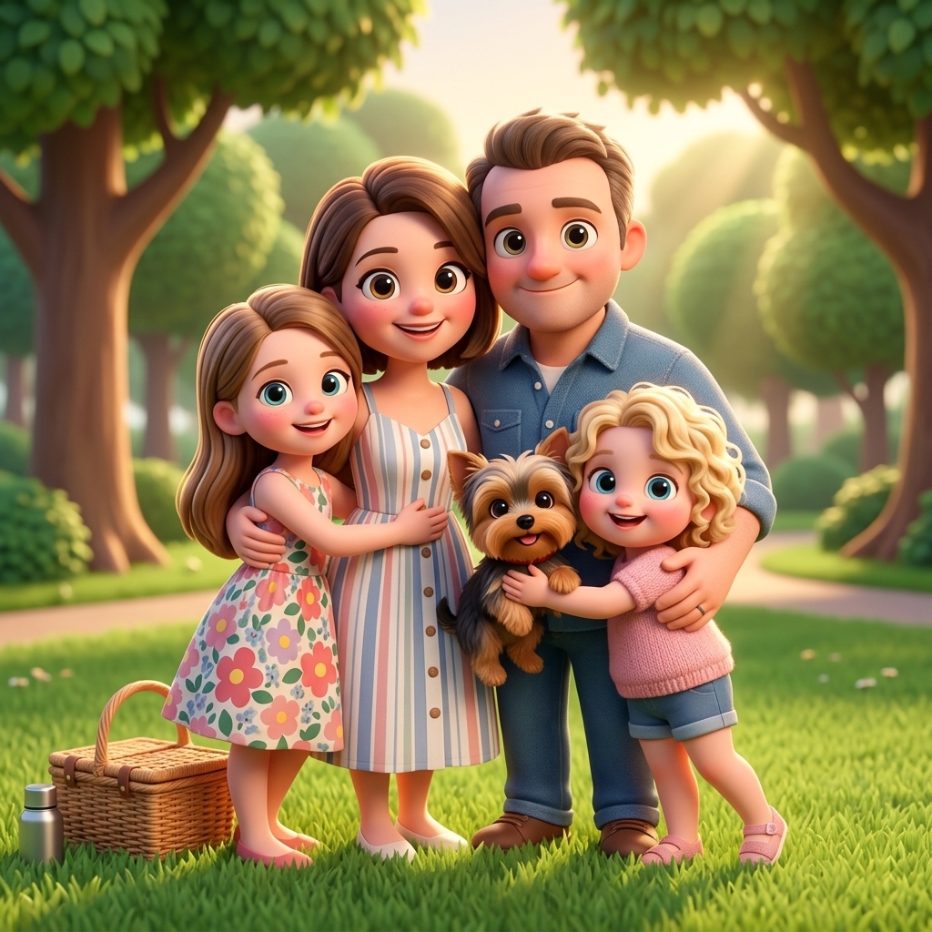 A mesma família ilustrada como personagens em estilo 3D cartoon da Kidoo